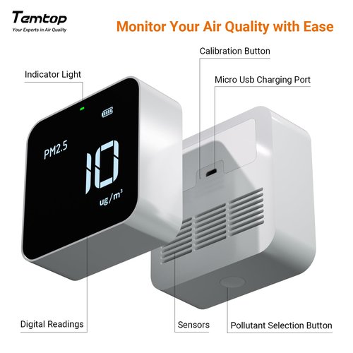 Temtop Smart Air Quality Monitor Indoor Home Air Testing for AQI, PM2.5, Formaldehyde and VOCs with WiFi Connection and Remote Monitoring via App,M10i