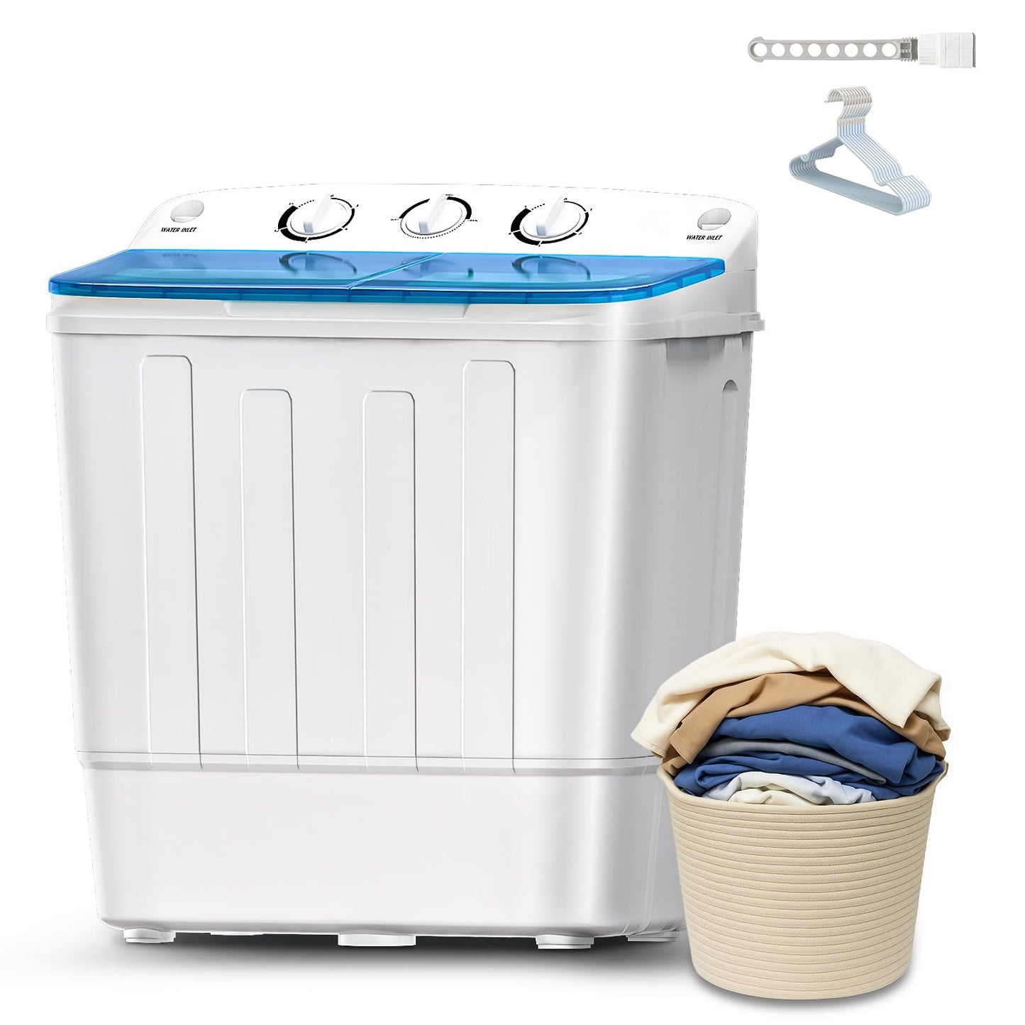 Stopsad Portable Mini Twin Tub 18Lbs Washing Machine with Drying Rack and 10 Hangers, Washer(11Lbs) and Spinner(7Lbs), Compact Laundry Washer for Apartments, Dorms(Blue)
