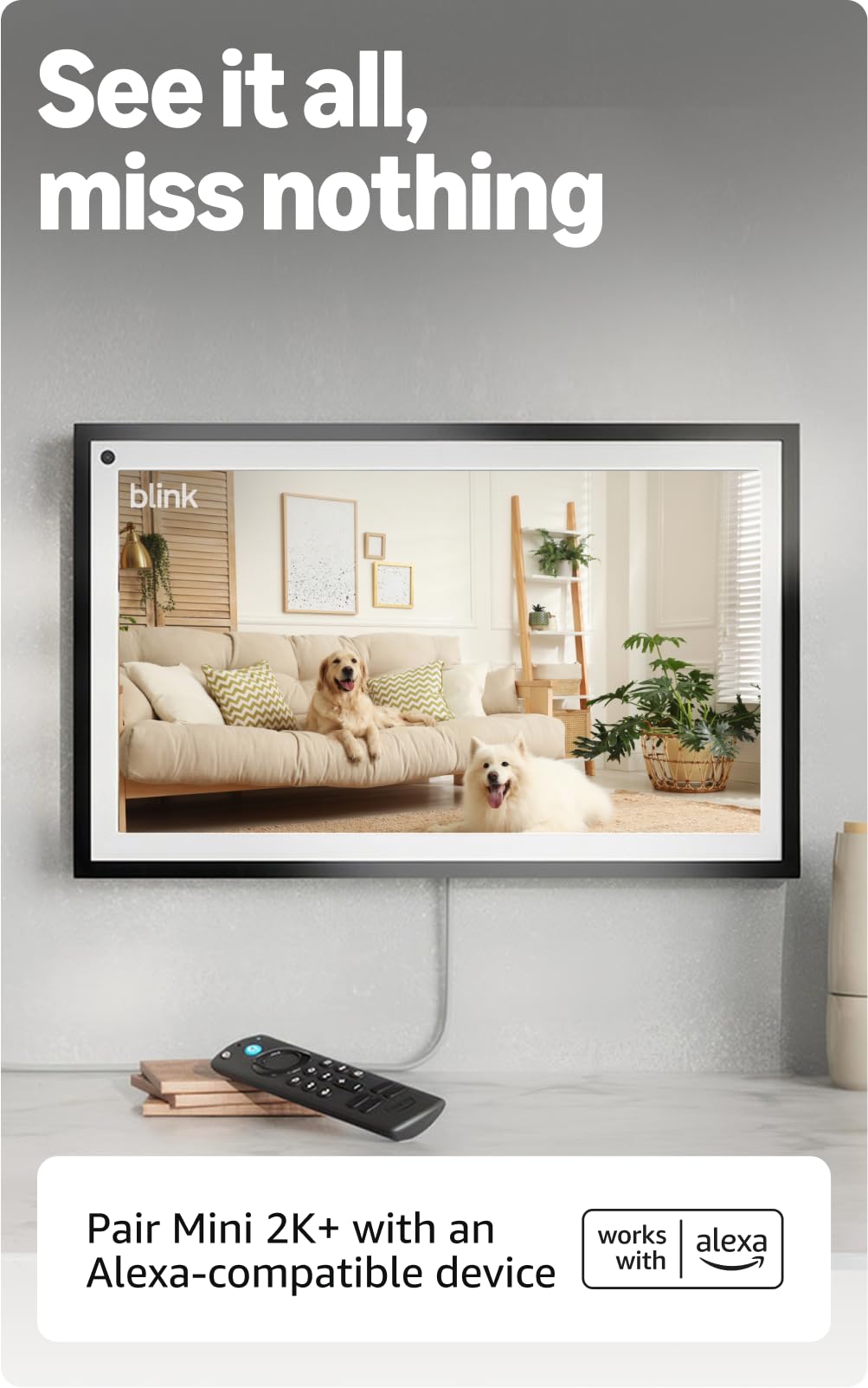 Blink Mini 2K+ (newest model) with 1-Year Plus plan – Plug-in Home & Pet Security Camera with 2K video resolution, smart motion detection, works with Alexa – 1 camera (White)