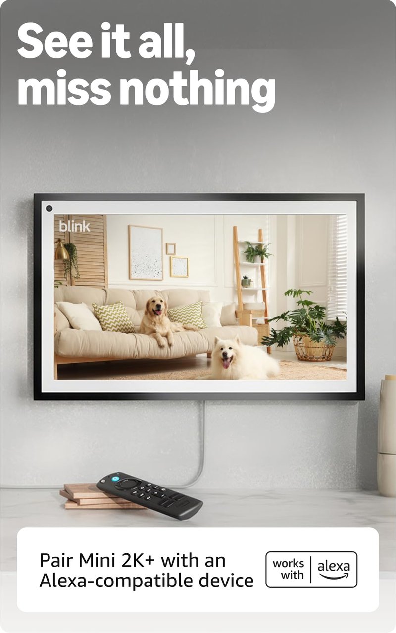 Blink Mini 2K+ (newest model) with 1-Year Plus plan – Plug-in Home & Pet Security Camera with 2K video resolution, smart motion detection, works with Alexa – 1 camera (White)