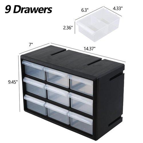 Morcte 9-Drawer Plastic Parts Storage Hardware and Craft Cabinet, Small Parts Organizer with Drawers, Black