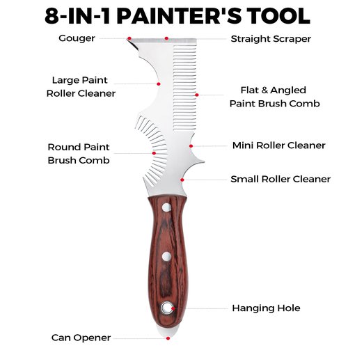PinStone 8-In-1 Painters Tool - Paint Brush Comb, Paint Roller Cleaner, Stainless Steel Scraper, Putty Knife, Paint Can Opener, Wooden Handle