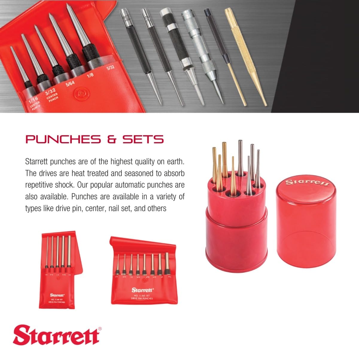 Starrett Steel Automatic Center Punch with Adjustable Stroke - 5-1/4" Length, 11/16" Punch Diameter, Lightweight, Knurled Steel Handle - 18C