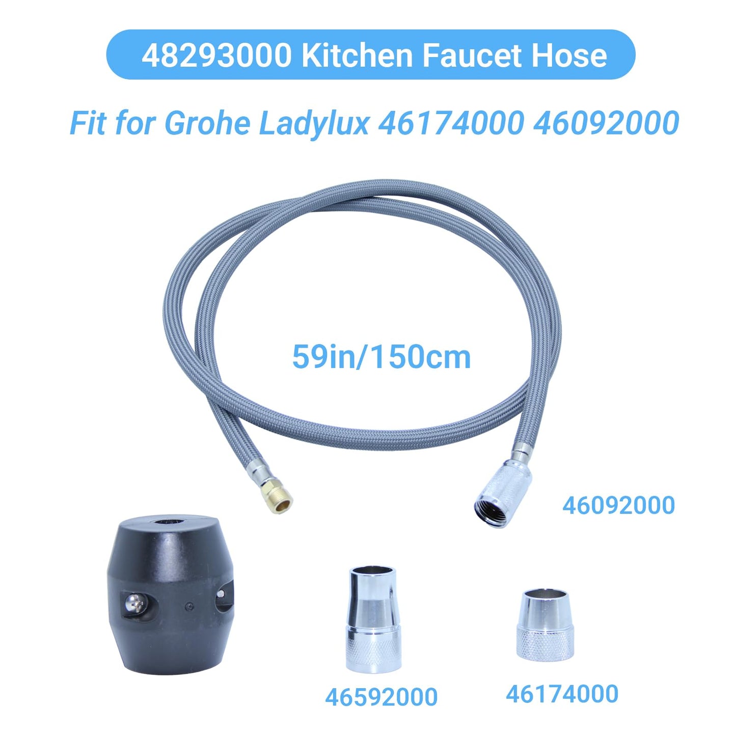 Compatible with Grohe 48293000 Kitchen Faucet Hose Replacement, 59" Pull-Out Spray Hose with Weight Ball & 3 Adapters, Fit for Grohe Ladylux 46174000 46092000, Flexible Kitchen Sink Faucet Parts