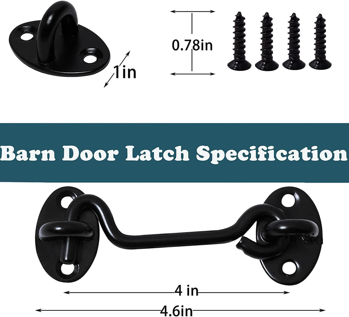 Klurent 4" Barn Door Latch Door Lock Hardware, Sliding Door Lock Eye Hook Latch with Screws, Rust-Resistant Metal Gate Latch(2 Pack)