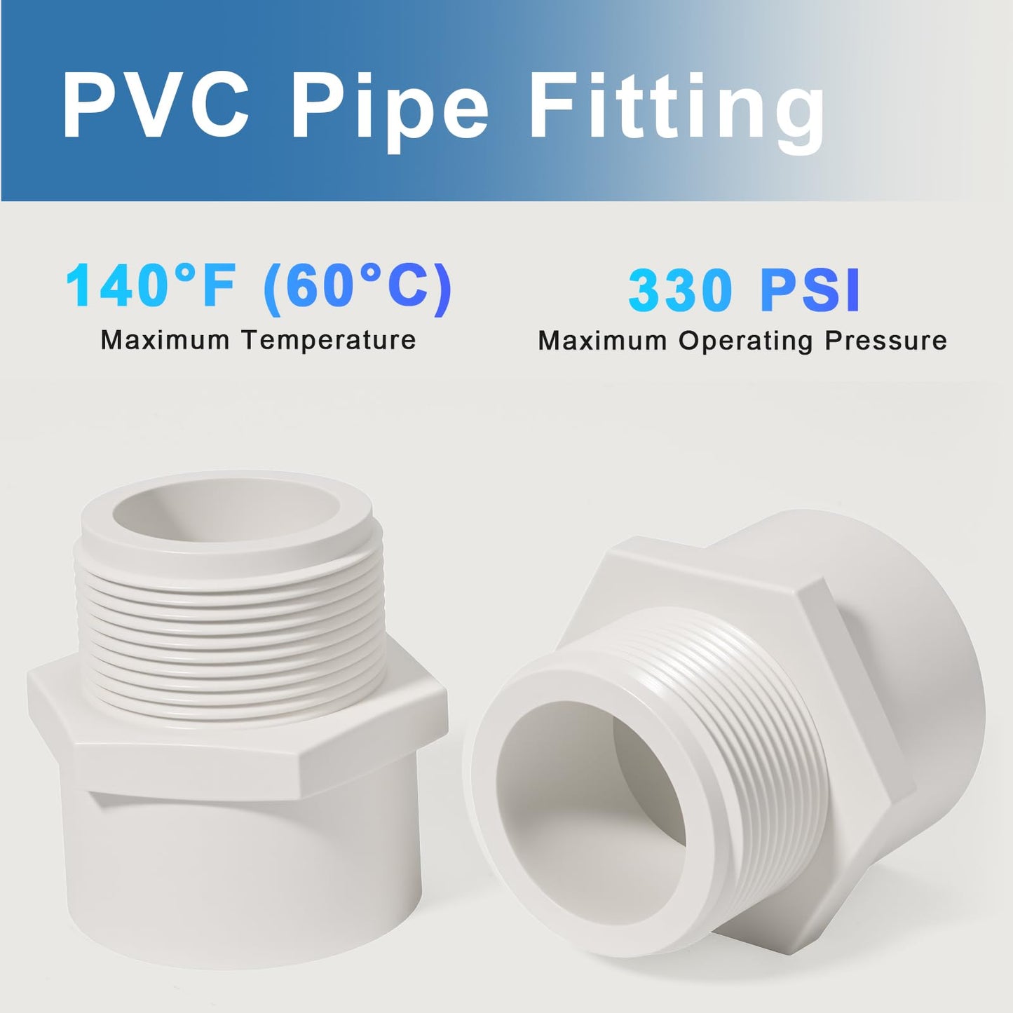 1.5 Inch Male Thread PVC Fittings White 2-Way PVC Pipe Coupling Adapter Connectors Coupling for 1-1/2 Inch Schedule 40 Pipe(2 Pack)