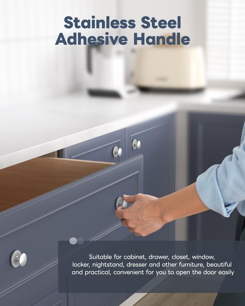 Anobeyi 5 Pack Self Adhesive Cabinet Knobs, No Drilling Self Stick Drawer Knob, Stick-on Kitchen Cabinet Stainless Steel Handle Pull for Window, Wardrobe, Dresser, Cupboard, Closet (5, Silver)
