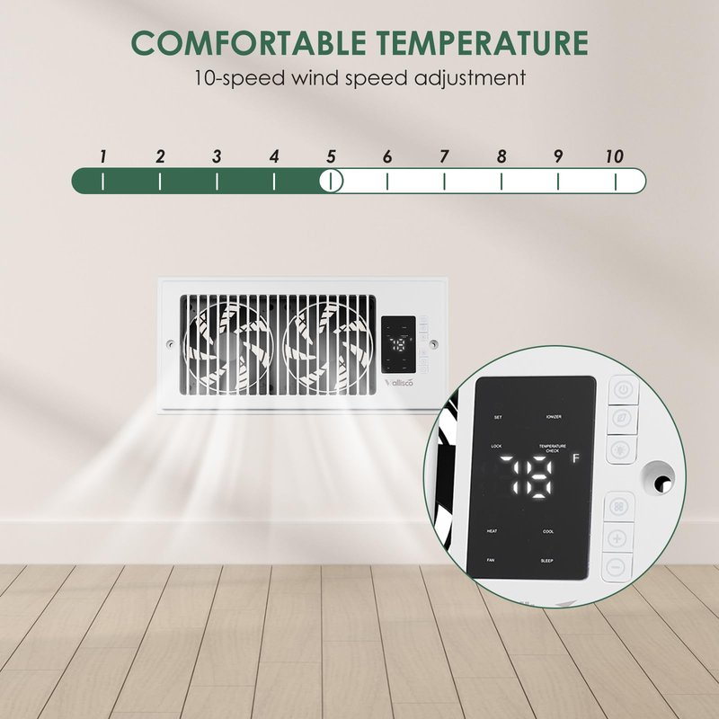 VallisCo Register Booster Fan 4"x10", 10-Speed Quiet Vent Fan with Negative Ion, Thermostat & Remote, Enhances and Improves Heating & Cooling Efficiency, Air Vent Booster for Home Room Comfort, White