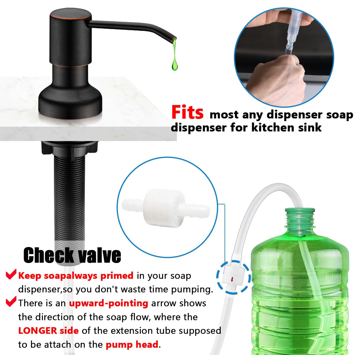 SonTiy Soap Dispenser Extension Tube Kit with Upgraded Check Value, 47" Under Counter Soap Dispenser Tube for Kitchen Sink, Fit Most Soap Containers, Powerful Suction, Easy to Install