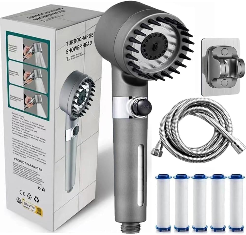 2025 NEW Ion Drops Shower Head,Filtered Shower with Handheld, Many Spray Modes Turbo with Built-in Filter ON/OFF Switch Handheld Turbo Showerhead (Grey)