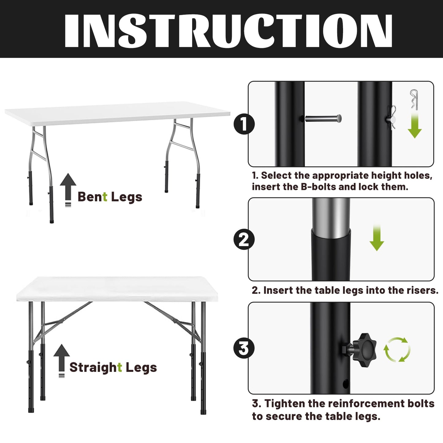YUEYIN Table Leg Extensions for Straight/Bent Folding Tables, Metal Extenders, Reduces Stooped Work, Improves Back Pain, 4 Levels/Heights Adjustable Risers (4 Pack)