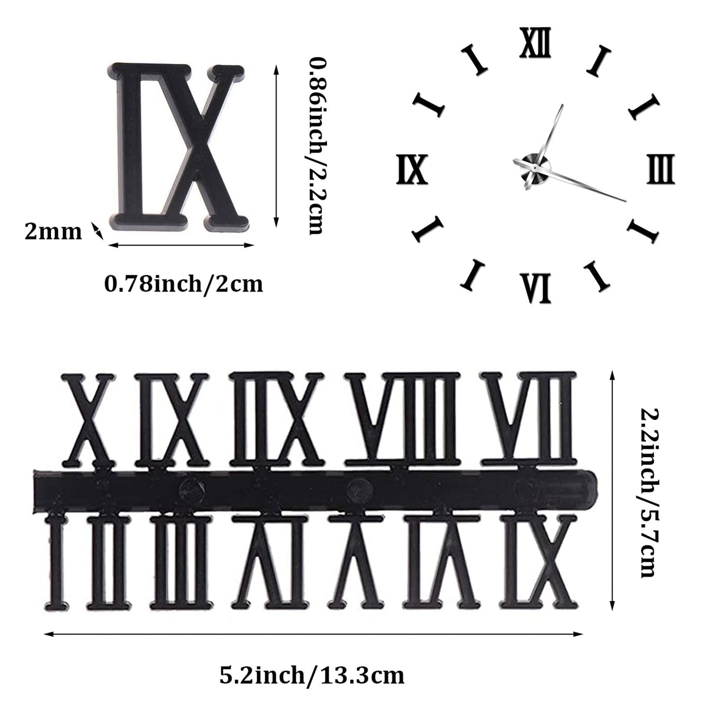 Clock Numerals Kit DIY Digital Clock Numbers Arabic Number and Roman Number for Clock Hands Replacement Parts Clock Accessories in Black Silver Gold (6 Pieces)