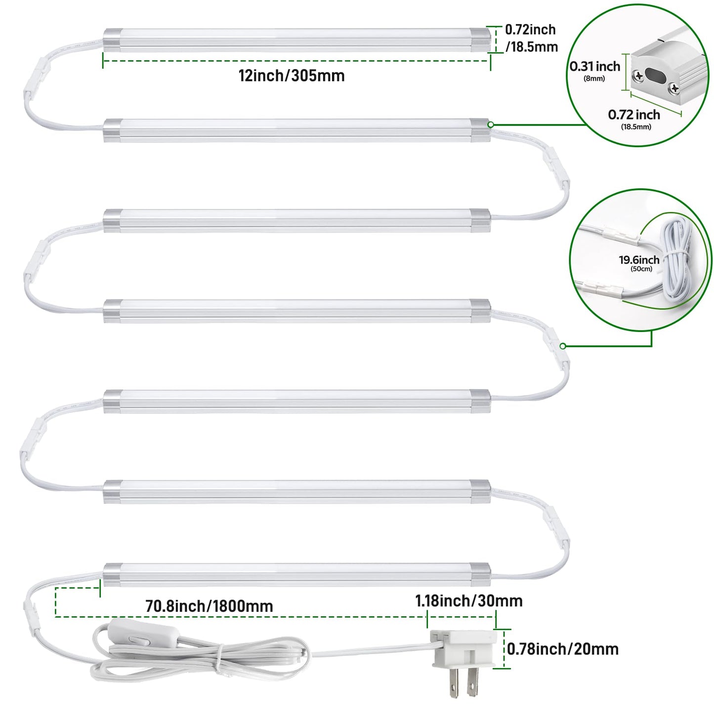 AIBOO Under Cabinet Lighting, Dimmable 12 inch Under Counter Lights, 120V Plug in & Hardwired, Linkable LED Closet Lights for Kitchen, Shelf, Workbench, Desk,Cupboard,Garage (12 PCS), Warm White 3000K