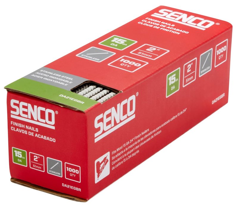 SENCO DA21EGBR 34 Degree Collated Finish Nails, 15 Gauge, 2 Inch Length, SAE 304 Stainless Steel, 1,000 Count Pack