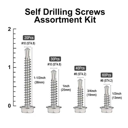 VGBUY 150Pcs Self Drilling Screws Assortment Kit, 410 Stainless Steel Self Tapping Sheet Metal TEK Screws, #8 1/2" 3/4" #10 1" 1-1/2", Hex Washer Head