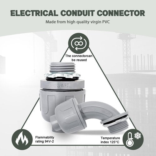 Feotech 30 Pack 3/4 Inch Liquid Tight Connectors - PVC Electrical Conduit Fittings, Straight, 90 and 180 Degree Non-Metallic Flexible Connectors for Home, Bathroom, and Kitchen, Gray
