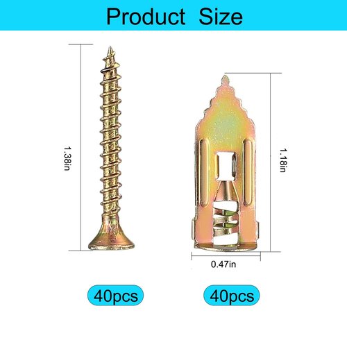 80 Pcs Metal Expansion Bolt for Drywall,Upgrade The Drywall Anchors,No Drill or Holes in Wall,Easy to Install and Widely Applied,40 Sheetrock Anchors & 40 Self Tapping Screws