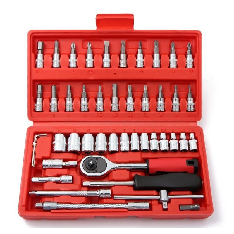 YWHWLX 46 Pieces 1/4 in. Drive Ratchet Socket Wrench Set with Quick-Release Ratchet,Includes Metric Bit Sockets and Extension Bar for Car Repair and Home Maintenance