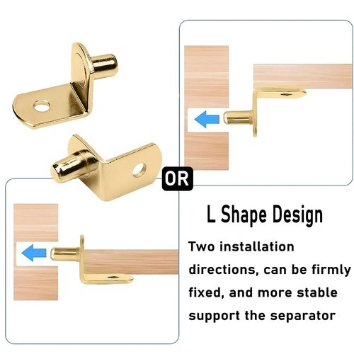 30PCS 1/5 Inch 5 mm Shelf Pegs Polished Brass Shelf Support Pins L-Shaped Metal Shelf Pin Bracket-Style Shelf Peg with Anti-Tip for Furniture Bookcase Cabinet