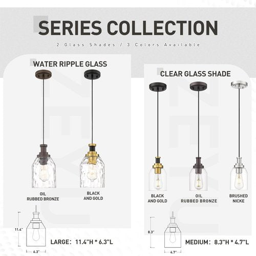 zeyu Modern Hanging Pendant Lights 2 Pack, Kitchen Pendant Lighting with Clear Glass Shade, Black and Gold Finish, ZG33M1L-2 BK+BG