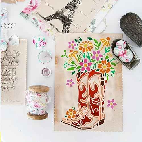 Cowboy Boots and Flower Wall Stencils Template Reusable Spray PaintStencils for Craft Painting On Wood Craft Canvas Walls Wood Furniture Decorations DIY Scrapbooking