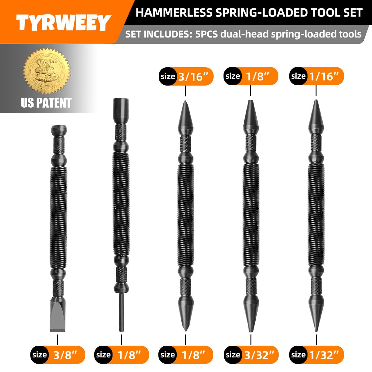 TYRWEEY 5-Piece Nail Setter Dual Head Nail Set & Dual Head Center Punch & Hinge Pin Remover Punch Set, Spring Loaded Center Hole Punch, Nail Setter Features 1/8-in, 3/32-in, 3/16-in, 1/16-in, 1/32-in