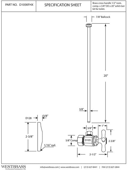 Westbrass D105KFHX-01 5/8" x 3/8" OD x 20" Flat Head Riser Supply Line Kit with Cross Handle Angle Supply Shut Off Valve for Toilet, Polished Brass