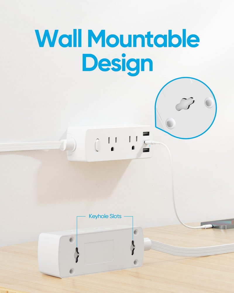 2 Prong Flat Plug Power Strip, Olcorife 2 Prong to 3 Prong Outlet Adapter, 5 FT Flat Extension Cord with 6 Outlets 3 USB Ports(1 USB C), US to Japan Plug Adapter