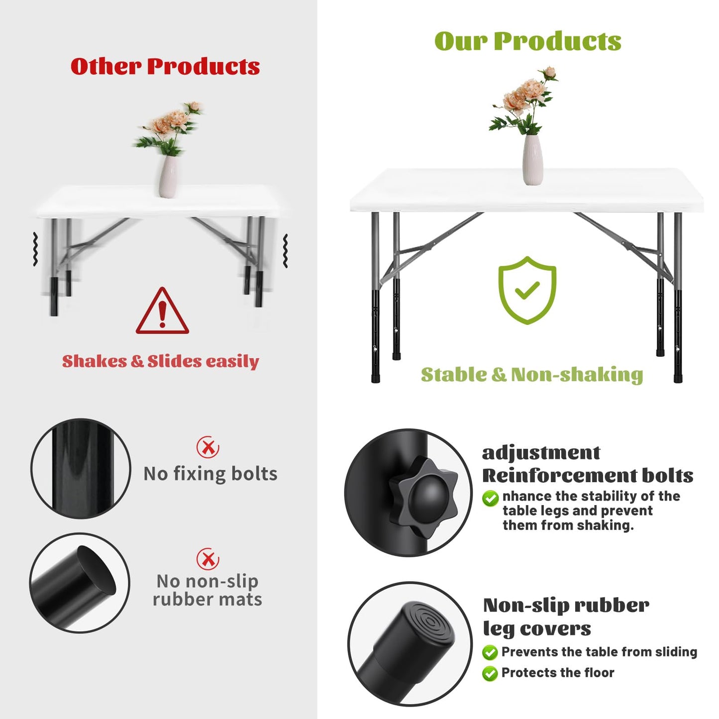 YUEYIN Table Leg Extensions for Straight/Bent Folding Tables, Metal Extenders, Reduces Stooped Work, Improves Back Pain, 4 Levels/Heights Adjustable Risers (4 Pack)