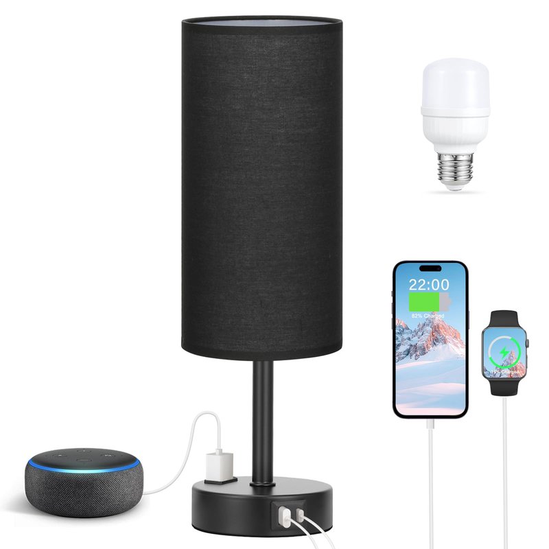 Fenmzee Black Bedroom Lamp for Nightstand - 3 Way Dimmable Bedside Lamp USB C A Charging Ports and AC Outlet, Small Table Lamp Black Base for Living Room, Office Desk, LED Bulb Included