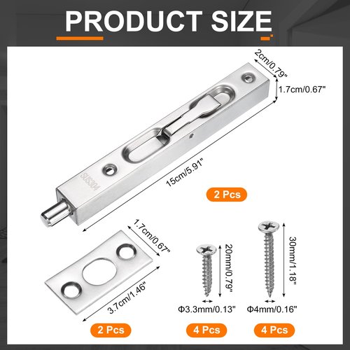 uxcell 2Pcs Door Bolts Latch 6 Inch, 304 Stainless Steel Security Door Guard Lever Action Flush Slide Lock for Inactive Leaf, Double Dummy Door, Silver