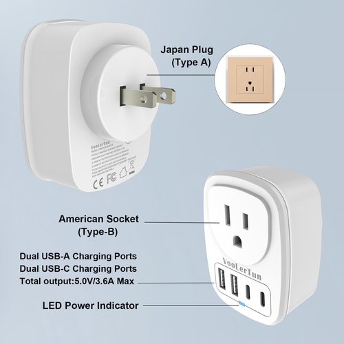 VooLerTun 5 in 1 Type A Plug Travel Adapter,2 Packs Japan Adapter Plug, Japan Plug Travel Converter with 2 USB C,2 USB A Ports and 1 American Outlet,US Socket to Philippine