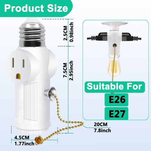 Light Socket Outlet Adapter,E26/E27 Light Bulb Outlet Socket Adapter,3 Prong Outlet Adapter with Bulb Control Switch,Polarized Light Bulb Socket Splitter,White,2 Pack