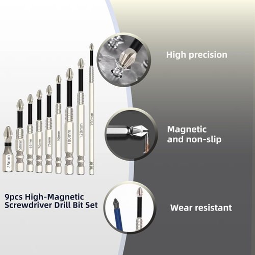 9Pcs High Magnetic Screwdriver Drill Bit Set, k5 Impact Resistant Non Slip Bit Alloy Steel Anti Slip Bits with Gloves for Electric & Impact Drivers, 25 50 65 70 75 90 100 120 150mm