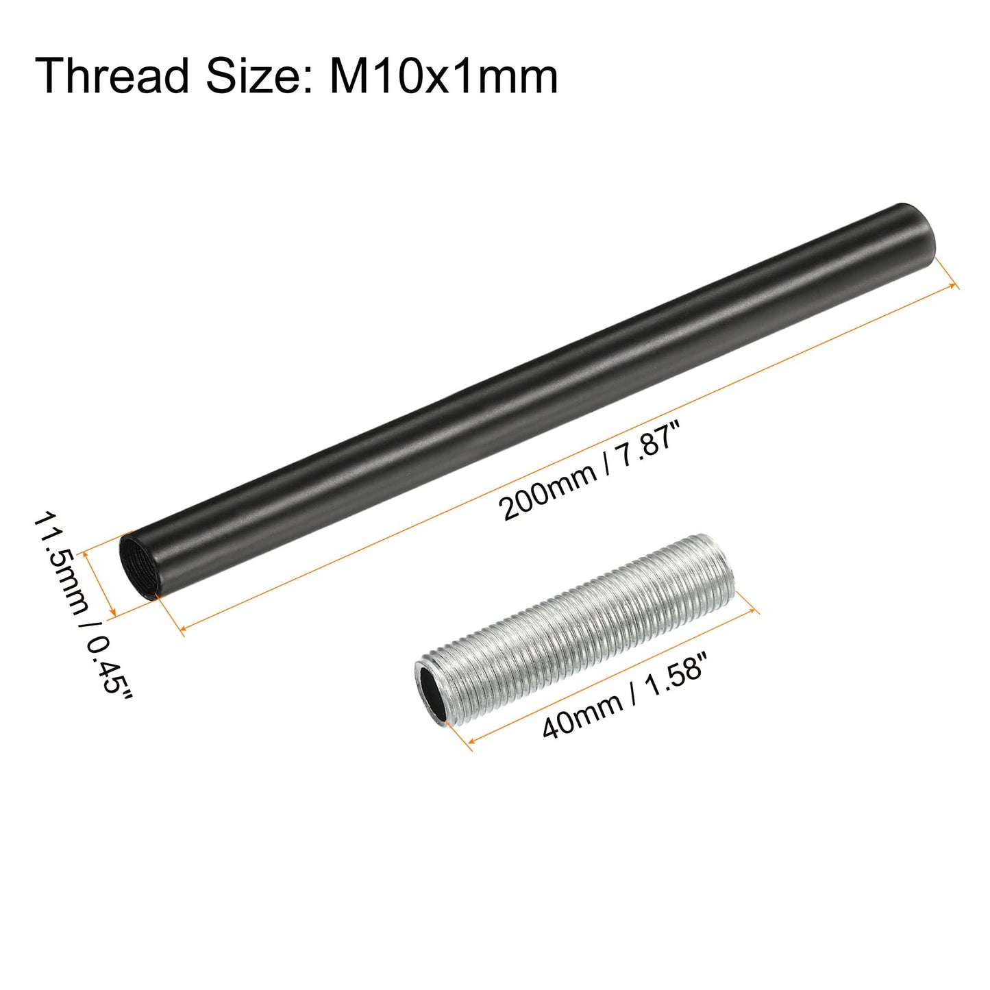 MECCANIXITY Threaded Extension Rod, 7.87" Lamp Pipe with Connector Light Fixture Parts for Pendant Light Island Lighting Chandeliers Stems, Black 2 Set