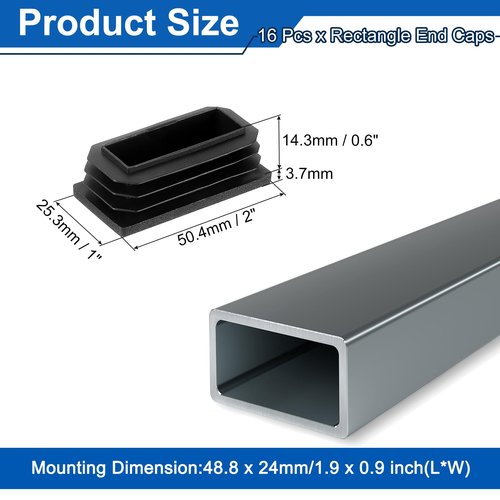 uxcell 16 Pcs Rectangle Tubing End Caps 2 x 1 Inch Plastic Hole Plugs Insert End Cap for Metal Tubing Post Chair Leg Table Bookshelves Furniture, Black