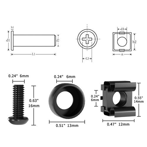 50 PACK M6 x 16mm Rack Mount Cage Nuts, Screws and Washers for Rack Mount Server Cabinet, Rack Mount Server Shelves, Routers, Rack Mount Screws and Square Insert Nuts, Self-Locking Cable Ties for Free