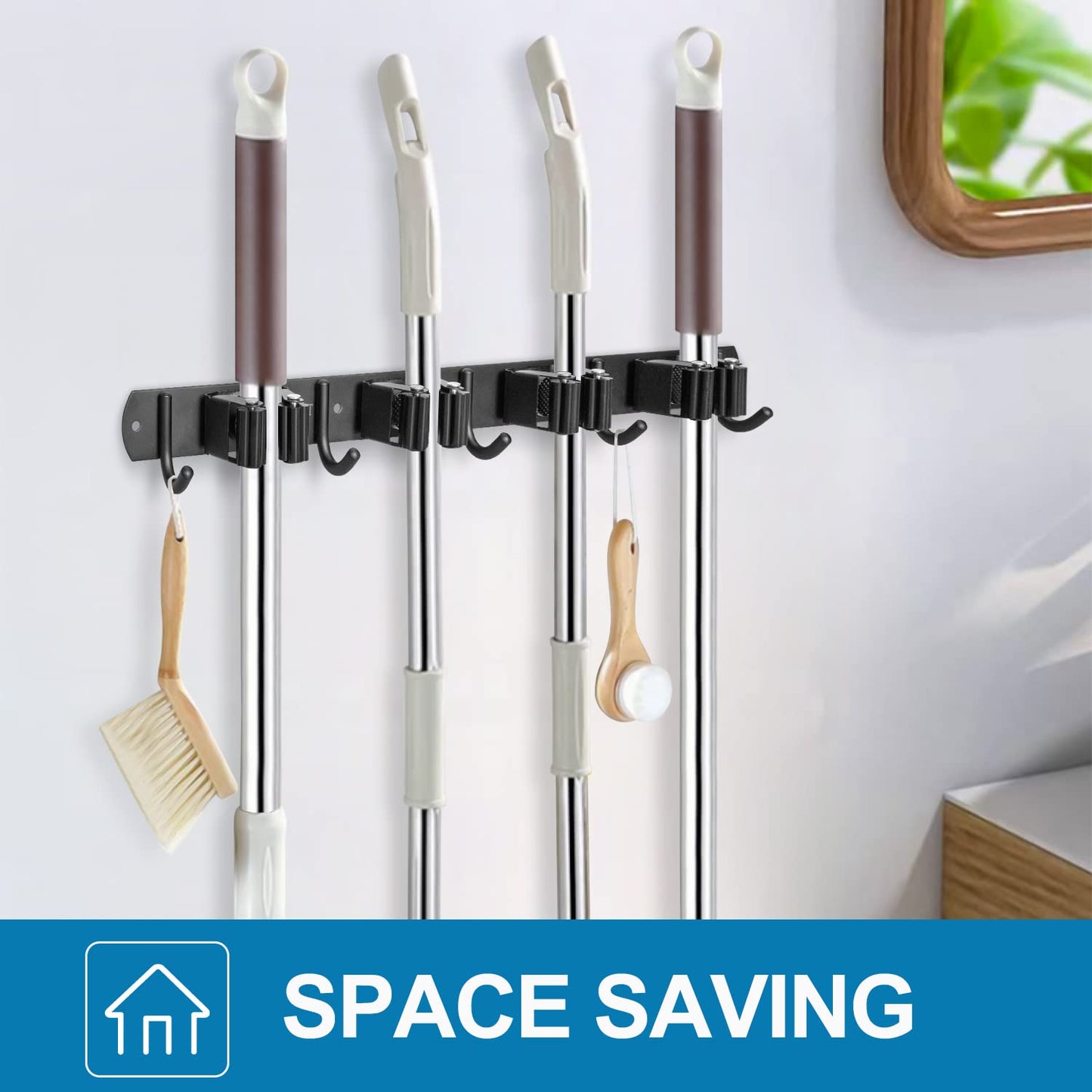 IMILLET Broom and Mop Holder Wall Mounted, Stainless Steel Broom Organizer Heavy Duty Tools Organizer Self Adhesive Mop Holder for Home Laundry Room Garage Garden (4 Racks and 5 Hooks)
