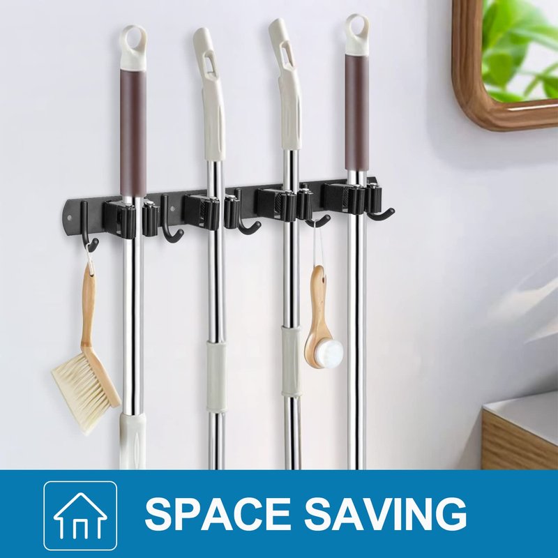 IMILLET Broom and Mop Holder Wall Mounted, Stainless Steel Broom Organizer Heavy Duty Tools Organizer Self Adhesive Mop Holder for Home Laundry Room Garage Garden (4 Racks and 5 Hooks)
