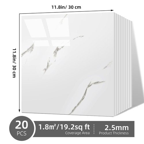 Vieshful 20pcs Peel and Stick Backsplash Tile,12"x12" Self Adhesive Marble Tile for Wall, PVC Waterproof Shower Wall Panels, Back Splash Stick on Tiles for Kitchen Bathroom Living Room White