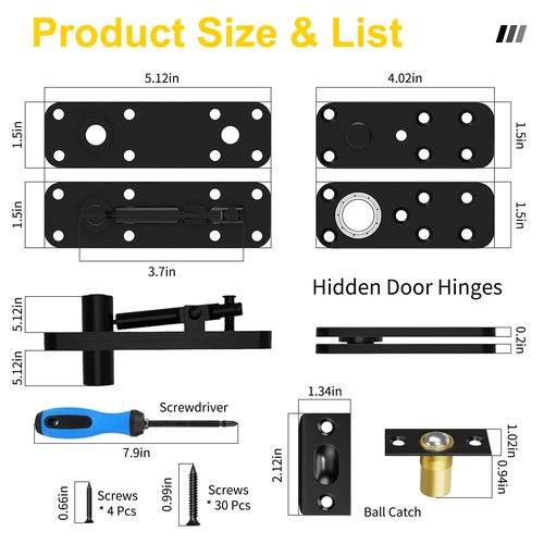 Heavy Duty Hidden Pivot Hinge - 570LB Load Bearing, 360° Rotation Invisible Door Hinge for Murphy Door Kit, Bookcase, Secret Door & Cabinet, Includes Hardware Kit (Black, 2 Pack)