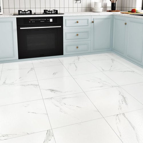 Wallderful White Peel and Stick Floor Tile Waterproof Marble Vinyl Flooring Self Adhesive Ceramic Stick on Floor Tiles 12"X12" Laminate Flooring for Bathroom Garage Kitchen Basement Office Vinyl Plank