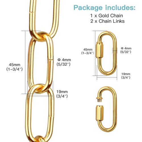 Helunsi Lighting Chain, 6 Feet Bright Gold Light Fixture Chain, Metal Chandelier Chain Extension with Connection Link Lock, Heavy Duty Hanging Lamp Fixture Pendant Ceiling Decorative Lights Kit - 6'