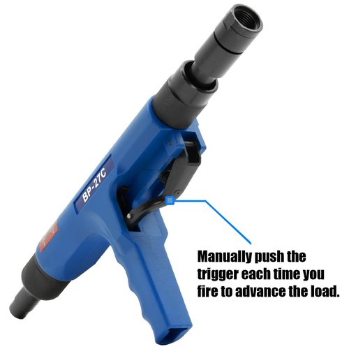 BluePoint Fasteners .27 Caliber Strip Semi-Automatic Feeding Low-Velocity Powder Actuated Ceiling Tool – Model BP-27C. Efficient and precise fastening for overhead applications.
