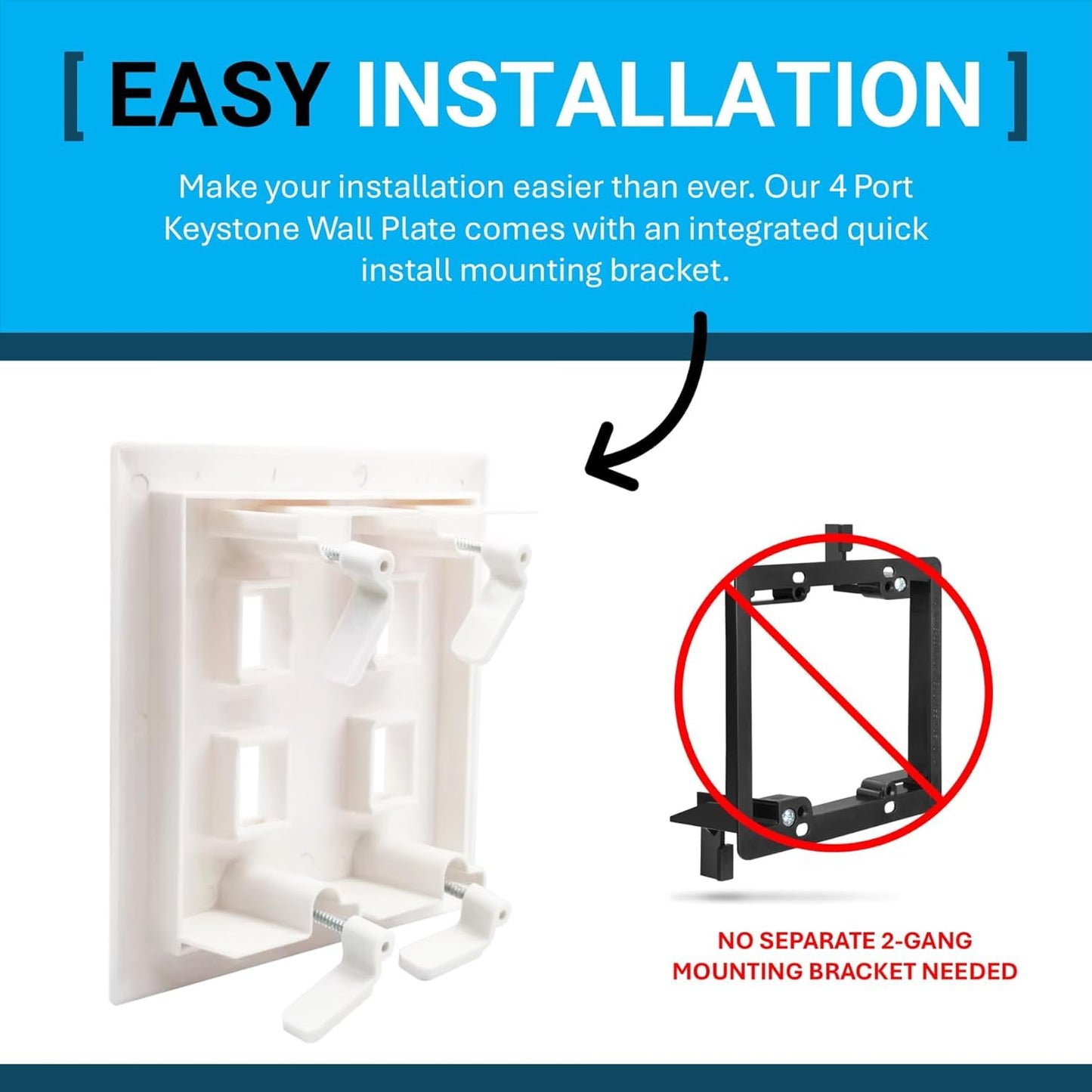 Keystone Wall Plate, Built-In Mounting Bracket, 2 Gang, Supports Jack or Modular Inserts, In Wall Patch Panel - White (4 Port)