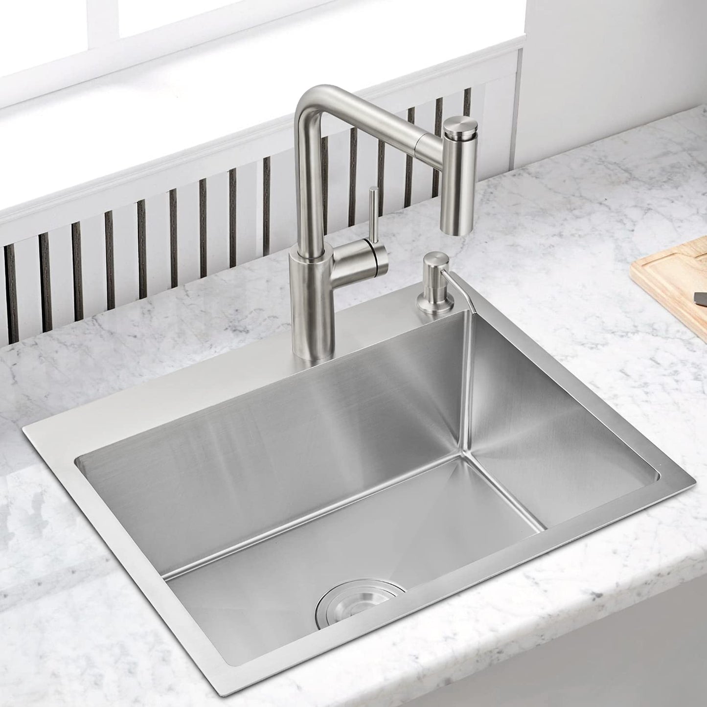 MENATT 24 Inch Drop-in Kitchen Sink, 304 Stainless Steel Topmount Handmade Residential Sink, Single Bowl Workstation Sink with Drain Kit (Brushed), 24"x18"x9"