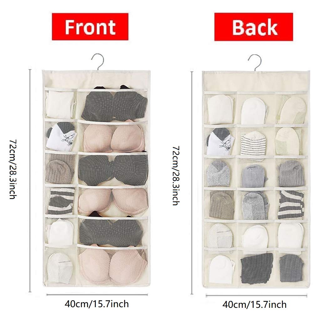 Newraturner Closet Hanging Organizer with Mesh Pockets & Rotating Metal Hanger,Dual Sided Wall Shelf Wardrobe Storage Bags,Oxford Cloth Space Saver Bag for Bra Underwear Underpants Socks (white)