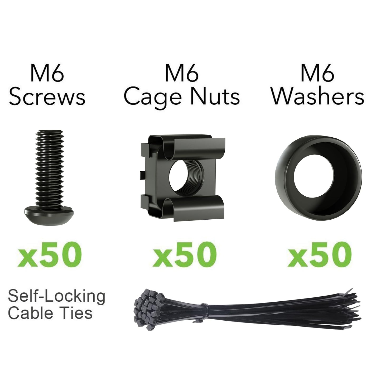 50 PACK M6 x 16mm Rack Mount Cage Nuts, Screws and Washers for Rack Mount Server Cabinet, Rack Mount Server Shelves, Routers, Rack Mount Screws and Square Insert Nuts, Self-Locking Cable Ties for Free