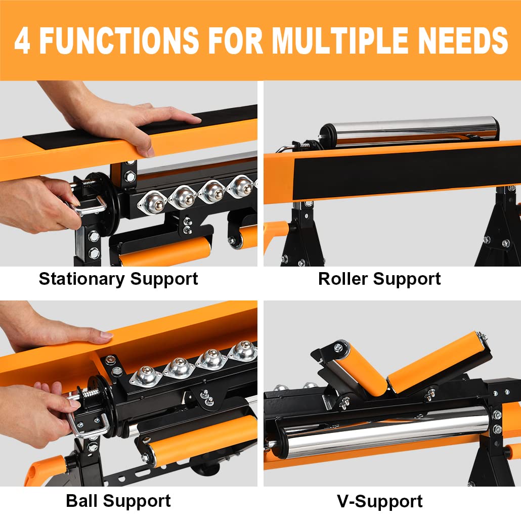 WORKESS 4 in 1 Roller Stand, Stable 440 Lbs Load Capacity with Saw Horses, V-Shaped, Multi-Directional Rollers & Outfeed Roller, Adjustable Height 33”- 50”, Folding for Woodworking