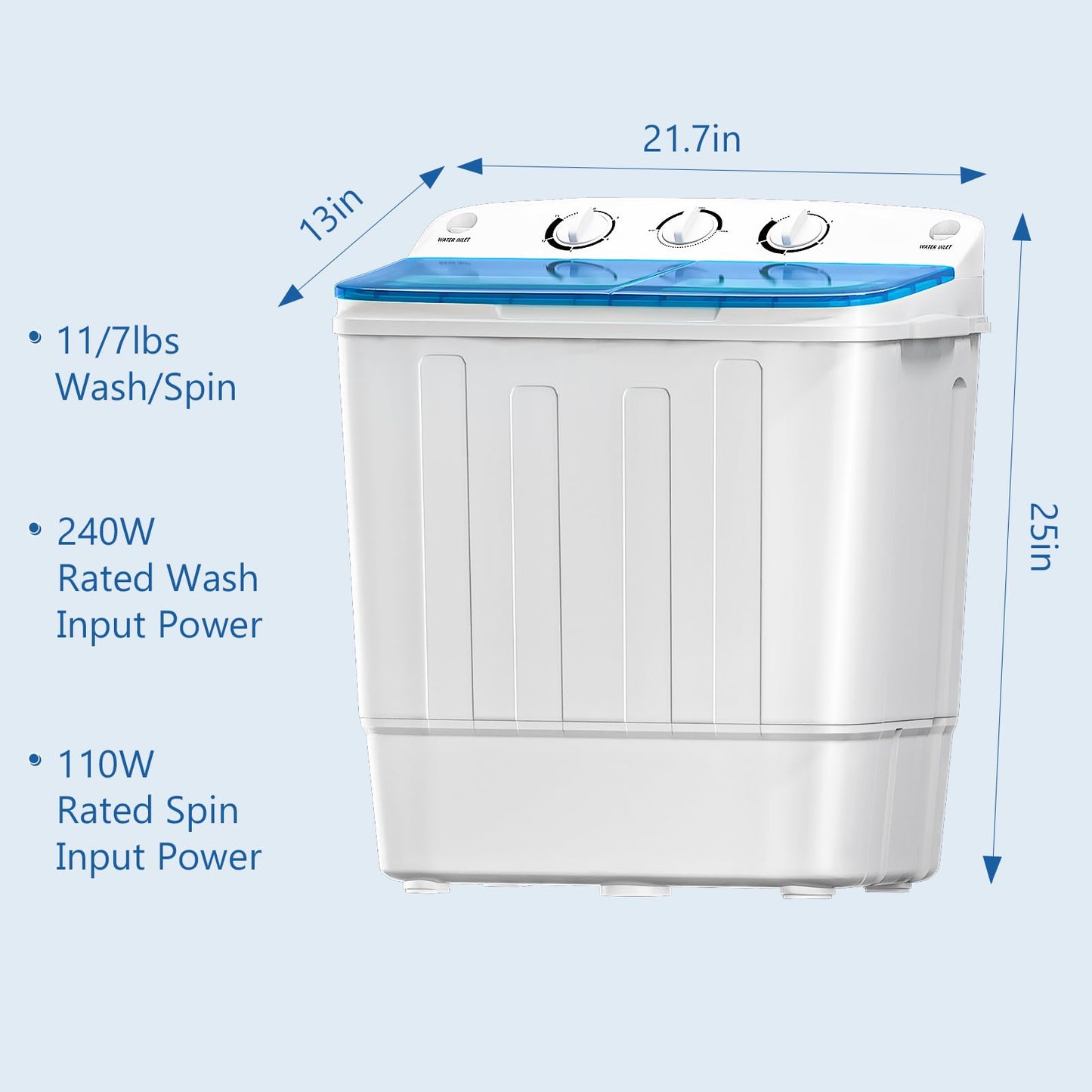 Stopsad Portable Mini Twin Tub 18Lbs Washing Machine with Drying Rack and 10 Hangers, Washer(11Lbs) and Spinner(7Lbs), Compact Laundry Washer for Apartments, Dorms(Blue)